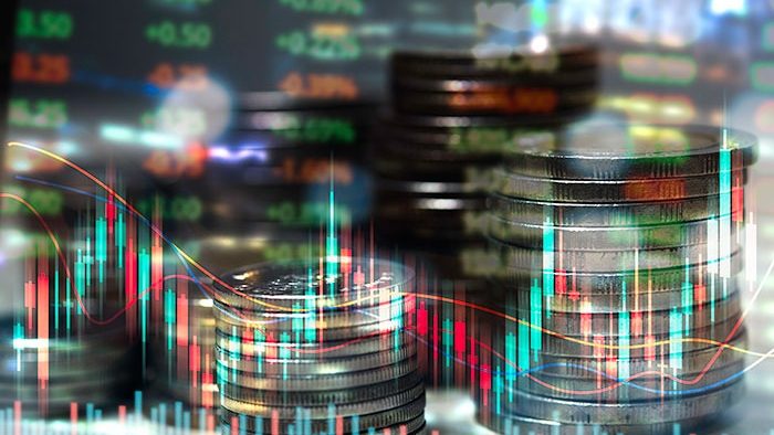 Finance stock market or forex trading graph and candlestick chart investment exchange analysis economy management and coin stack.Abstract finance background.